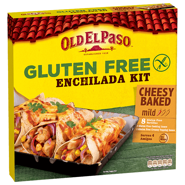 pack of Old El Paso's Gluten free cheesy baked enchilada kit containing tortillas, spice mix & creamy sauce (518g)
